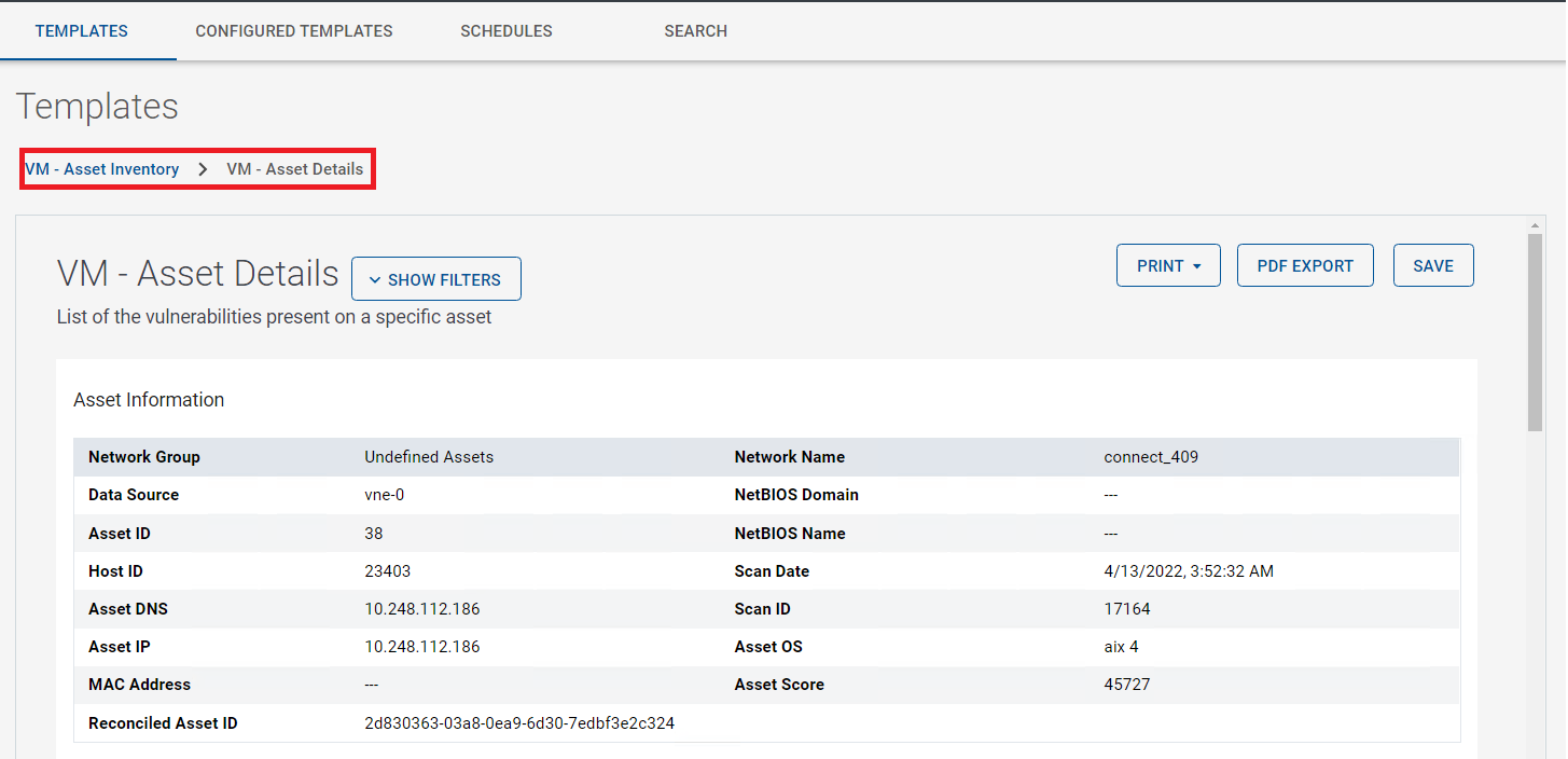 Breadcrumb in the output of the VM - Asset Details Report