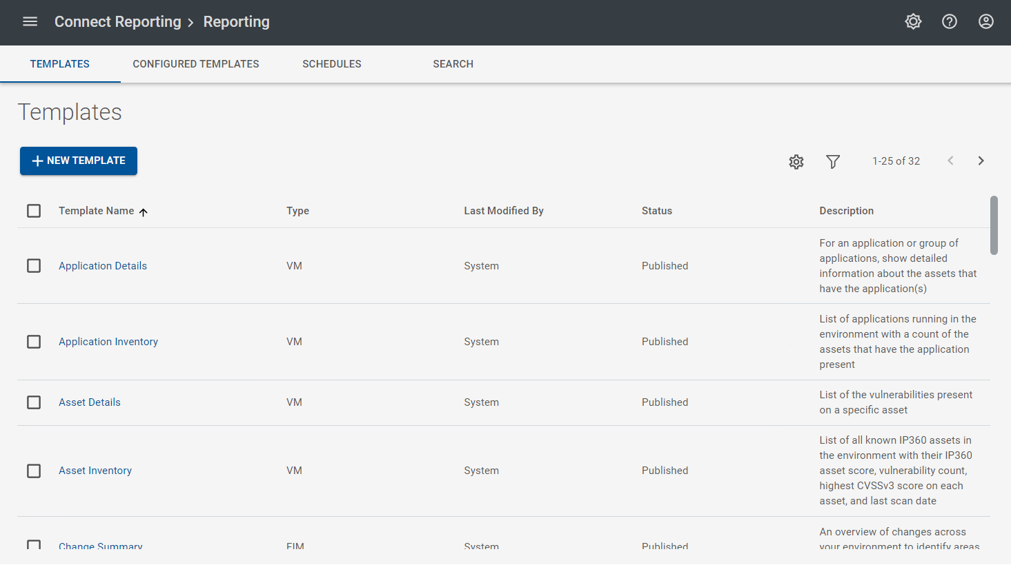 The TEMPLATES tab in the Reporting page