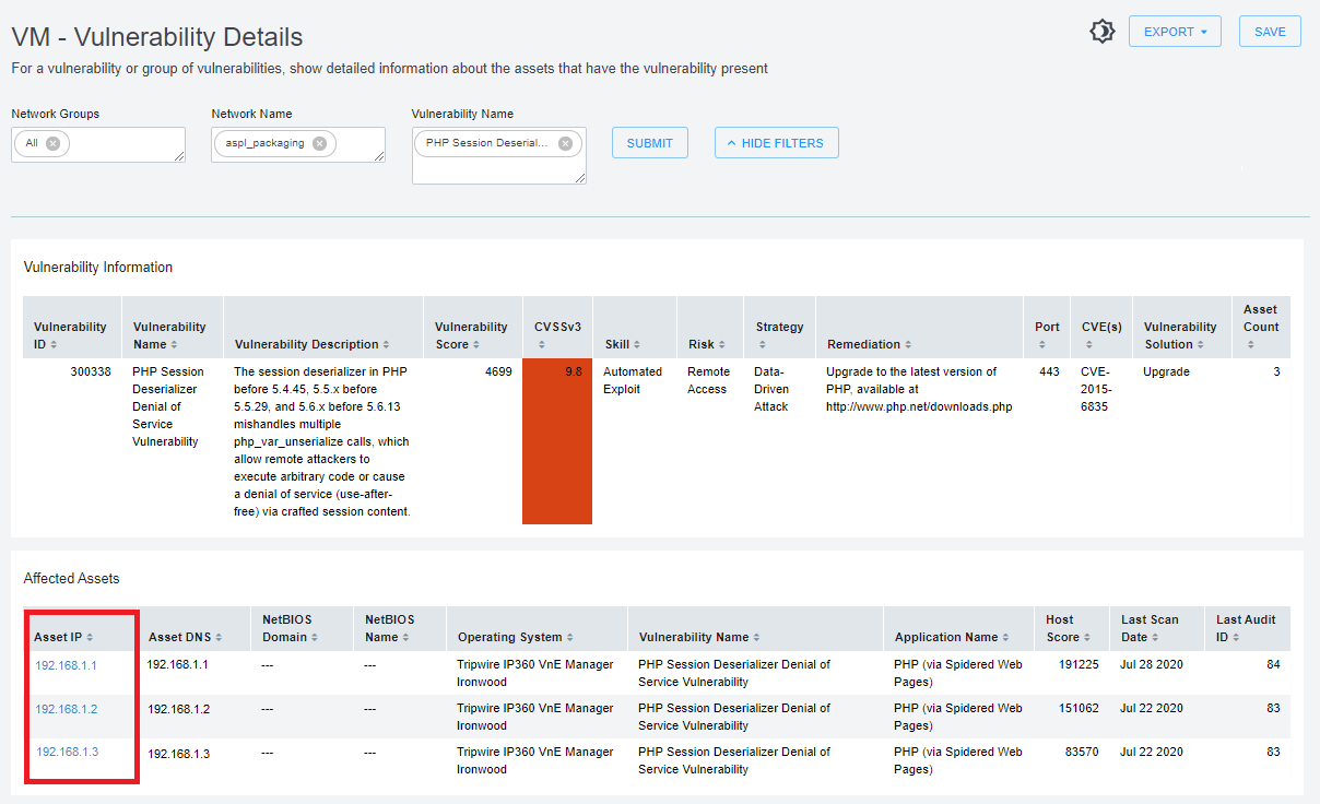 Output of the VM - Vulnerability Details Report