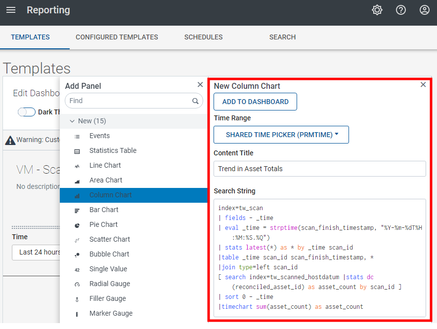 The New Column Chart panel in the TEMPLATES tab